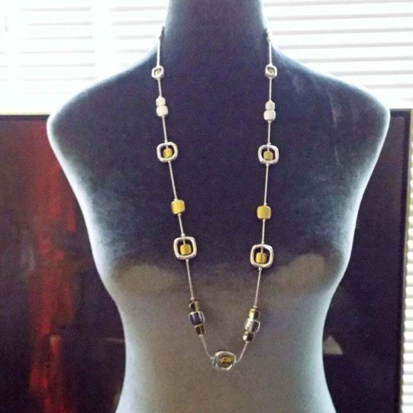 LIZ & CO ELISABETH CLAIBORNE GOLD AND SILVER SQUARES 33" LONG NECKLACE 40A - Picture 2 of 3